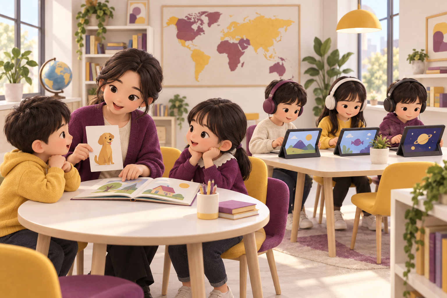 영어 선생님과 배우는 아이들 옆에서 다른 그룹이 태블릿과 헤드폰으로 학습하는 수업 활용 일러스트
